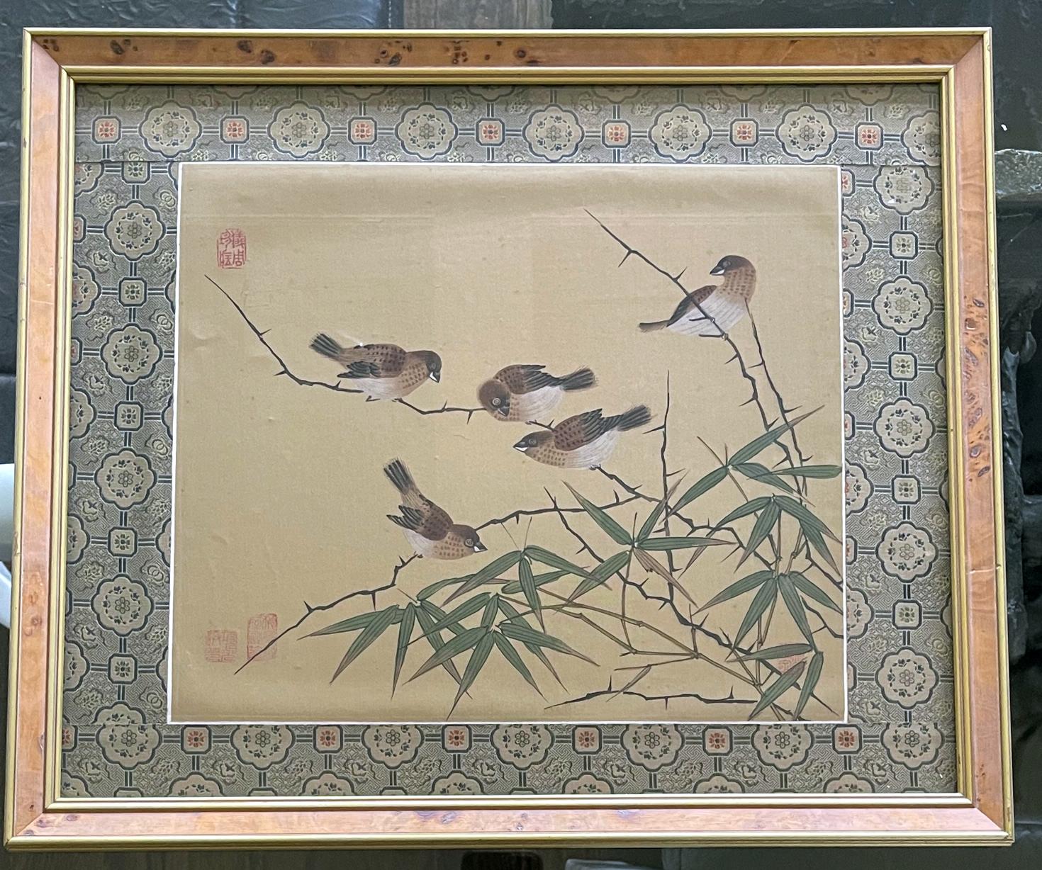 A set of four Chinese silk paintings, beautifully presented in matching gilt and burl wood frames with brocade borders. The subject of this lovely group is called 