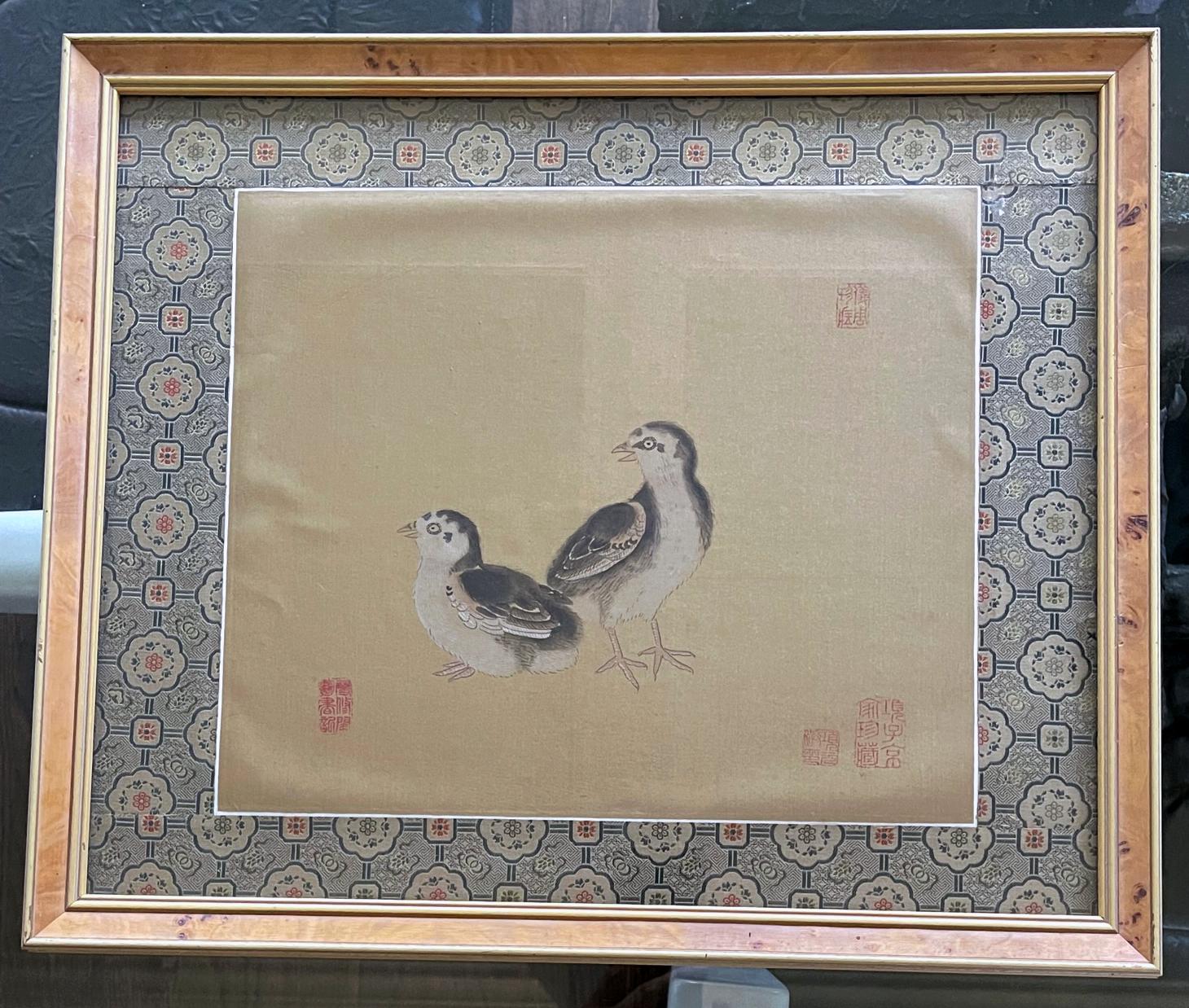 Hand-Painted Set of Four Framed Chinese Silk Flower and Bird Paintings For Sale