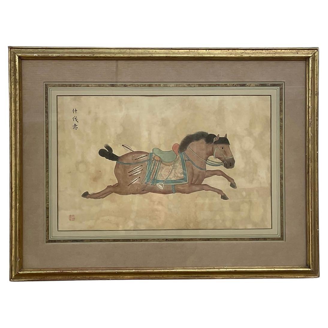 Chinese Export Set of Four Framed Chinese T’ang Horse Paintings For Sale