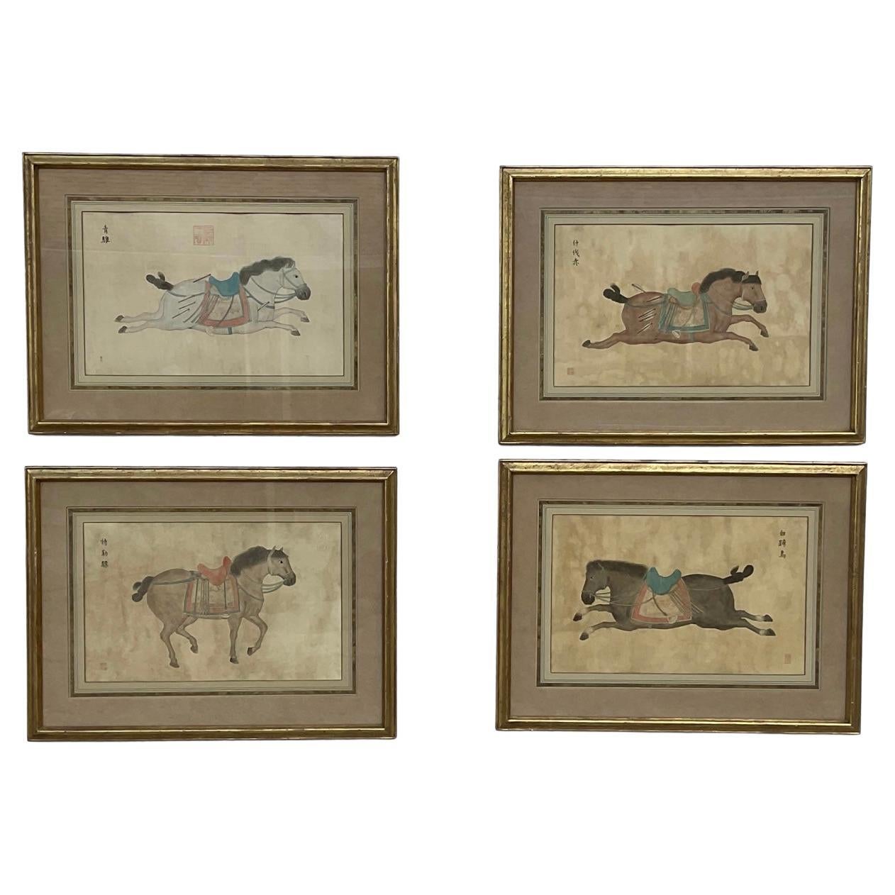 Set of Four Framed Chinese T’ang Horse Paintings