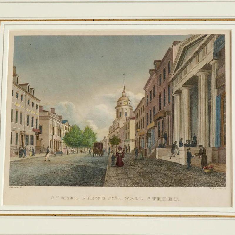 A set of four matted and maple framed colored engravings depicting colonial America, three Wall Street, New York views, and one harbor view of steamer ship Isaac Newton. The colored engravings depict the vibrant history of Wall Street during the
