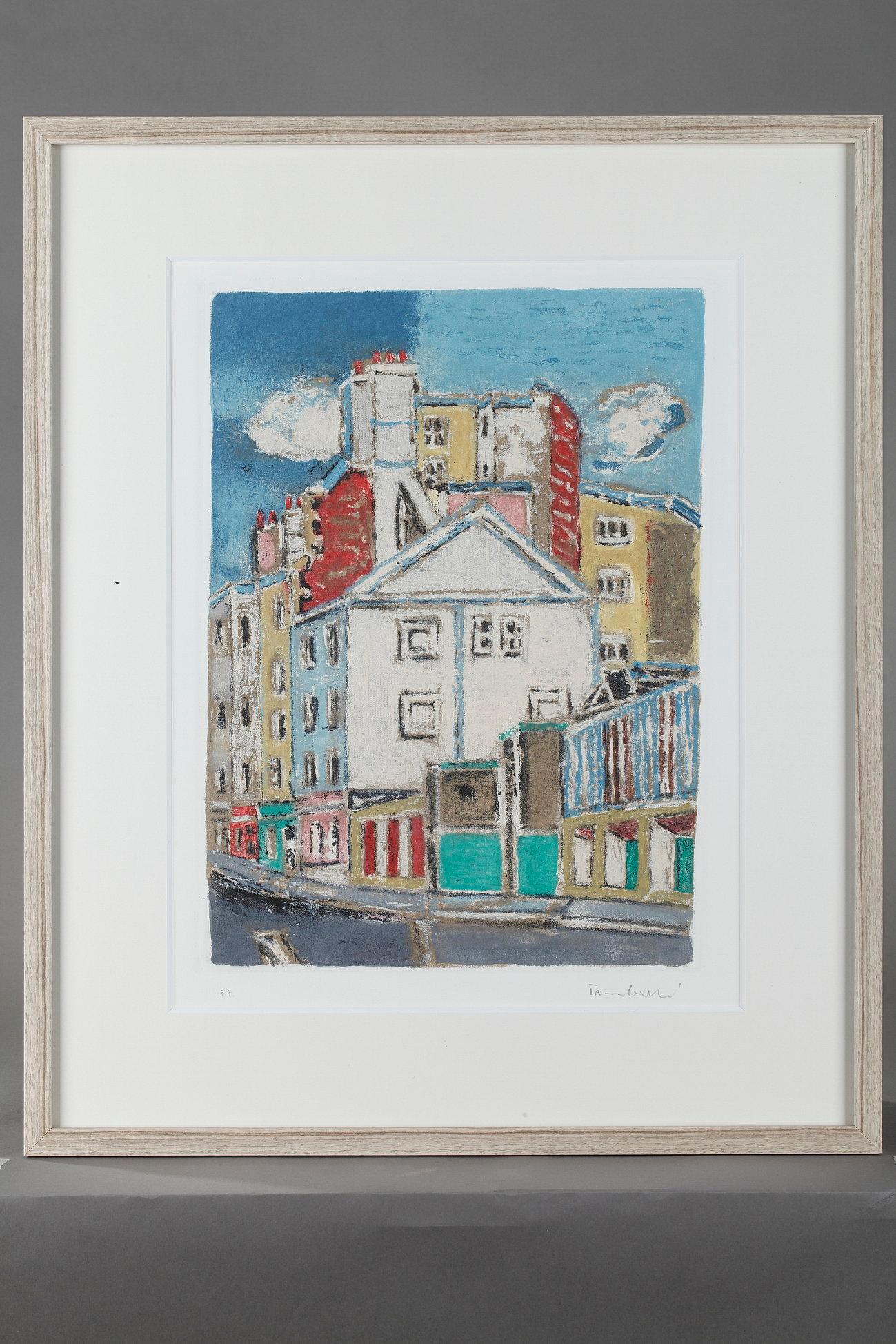 Set of four etchings by Orfeo Tamburini and aquatint in colors representing the streets of Paris. Each one is signed by the artist in pencil and stamped by the art publisher Il Cigno in Rome. These are limited editions of 130 copies made between