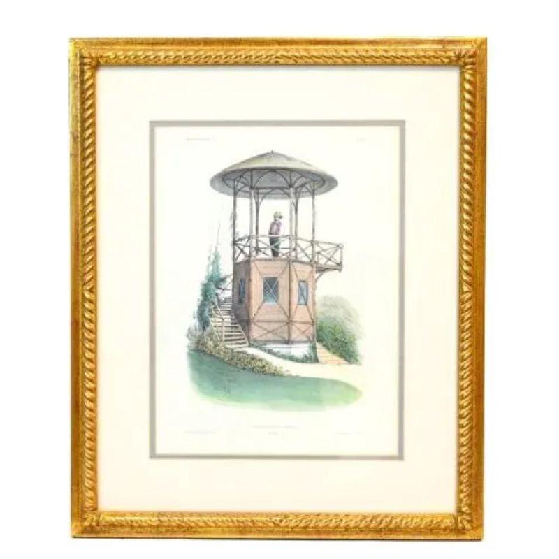 A set of four framed lithographs by Victor Petit.  Gold frames surround tranquil scenes of a gazebo with a meandering path or a flowing stream or river.  Each serene scene includes vibrant greenery or calming blue waters.