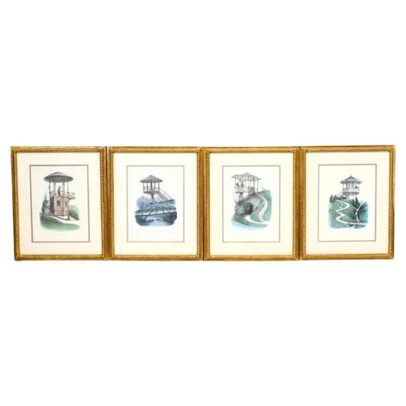Set of Four Framed Gazebo Lithographs by Victor Petit For Sale