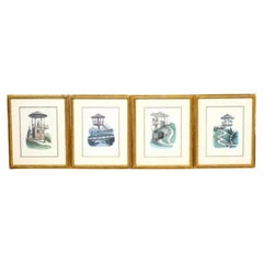 Vintage Set of Four Framed Gazebo Lithographs by Victor Petit