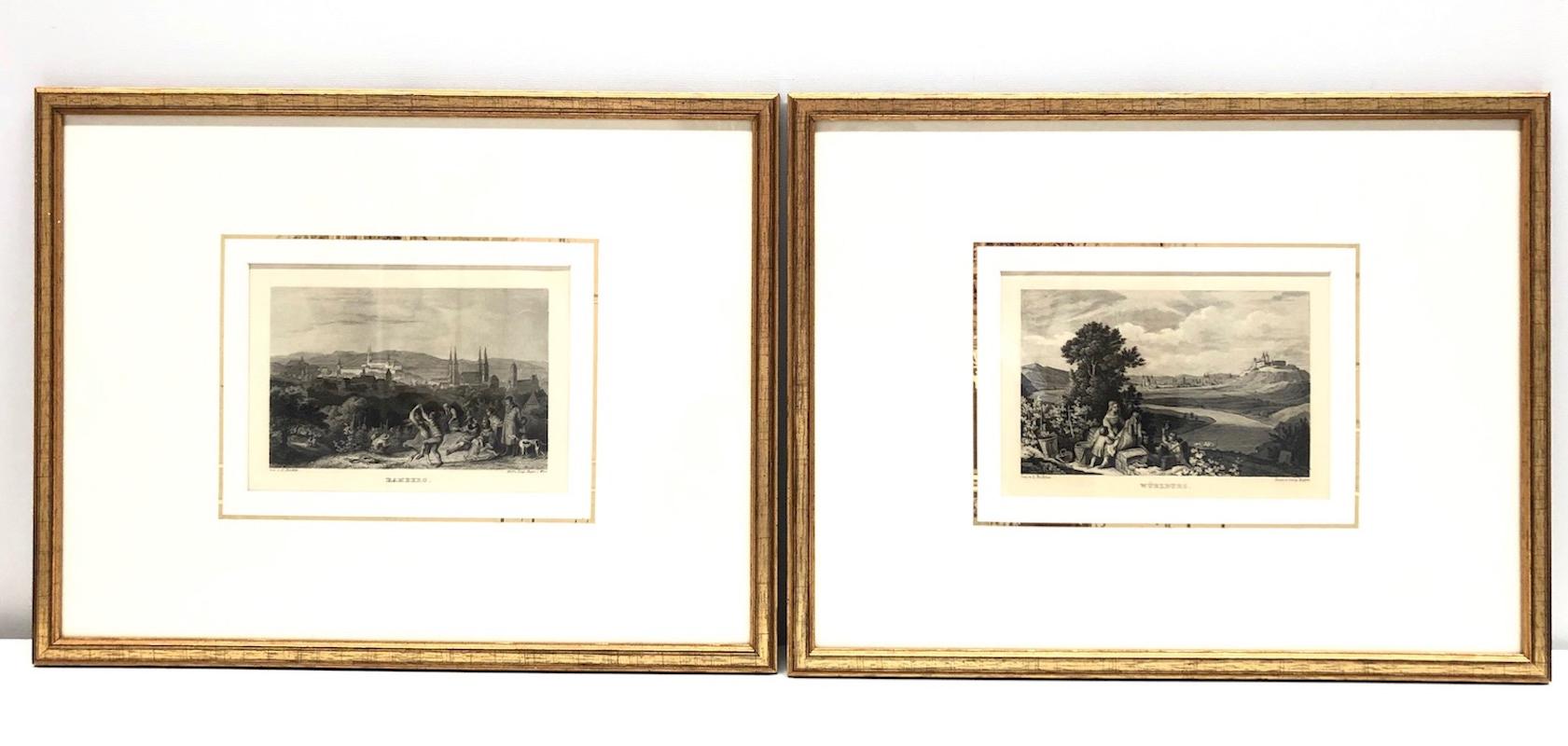 An extraordinary collection of prints, by L. Richter, engraved by Leopold Beyer, Vienna, showing views of various towns, mountainous landscapes and historic views. Showing views of Wuerzburg, Wertheim, Bamberg and Kitzingen.
Framed in handmade gilt