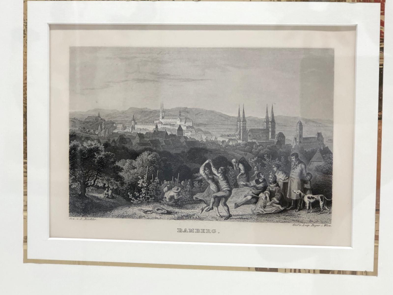 Glass Set of Four Framed German Copper Engravings City Views Landscapes