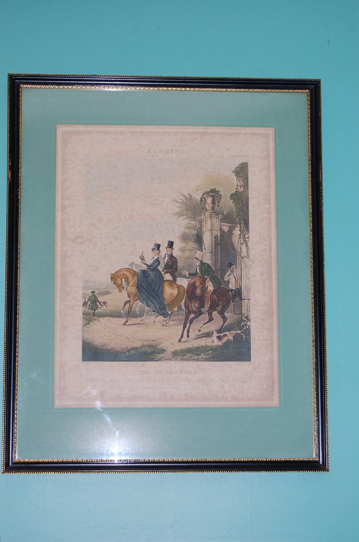 Complete set of four large hawking prints drawn by F.C. Turner and published in London by I.W. Laird, mid-19th century. The four are titled: The Rendezvous; The Departure; The Fatal Stoop & Disgorging. For His Grace William Aubrey de Vere Beauclerk,