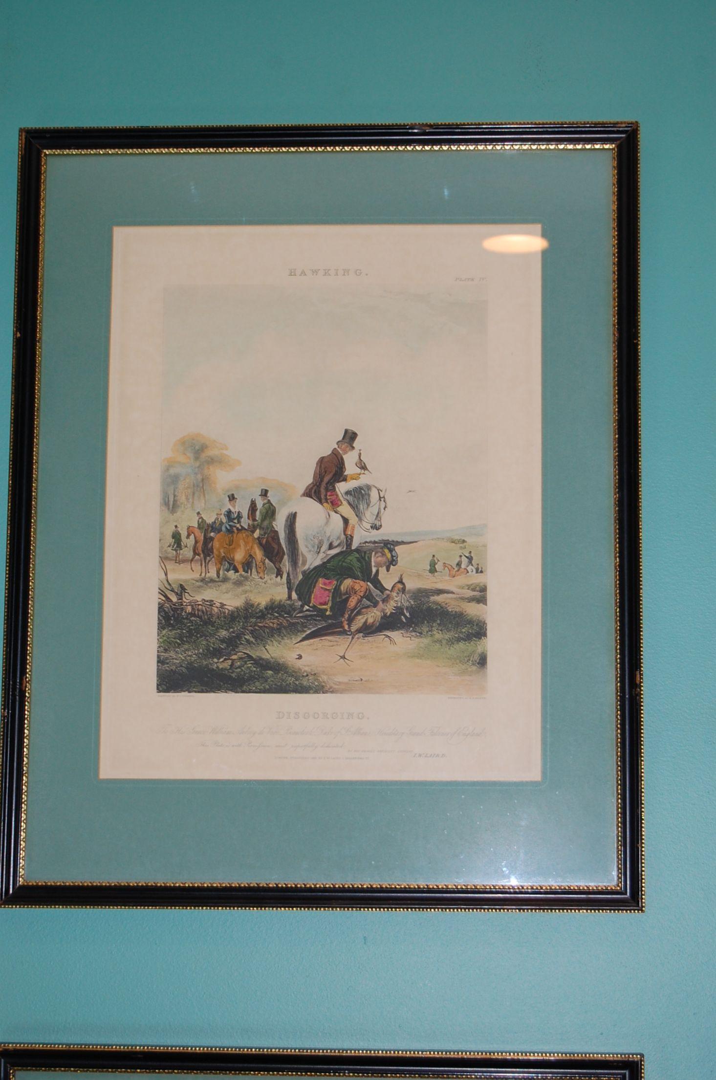 Georgian Set of Four Framed and Matted English Hawking Prints, circa 1870