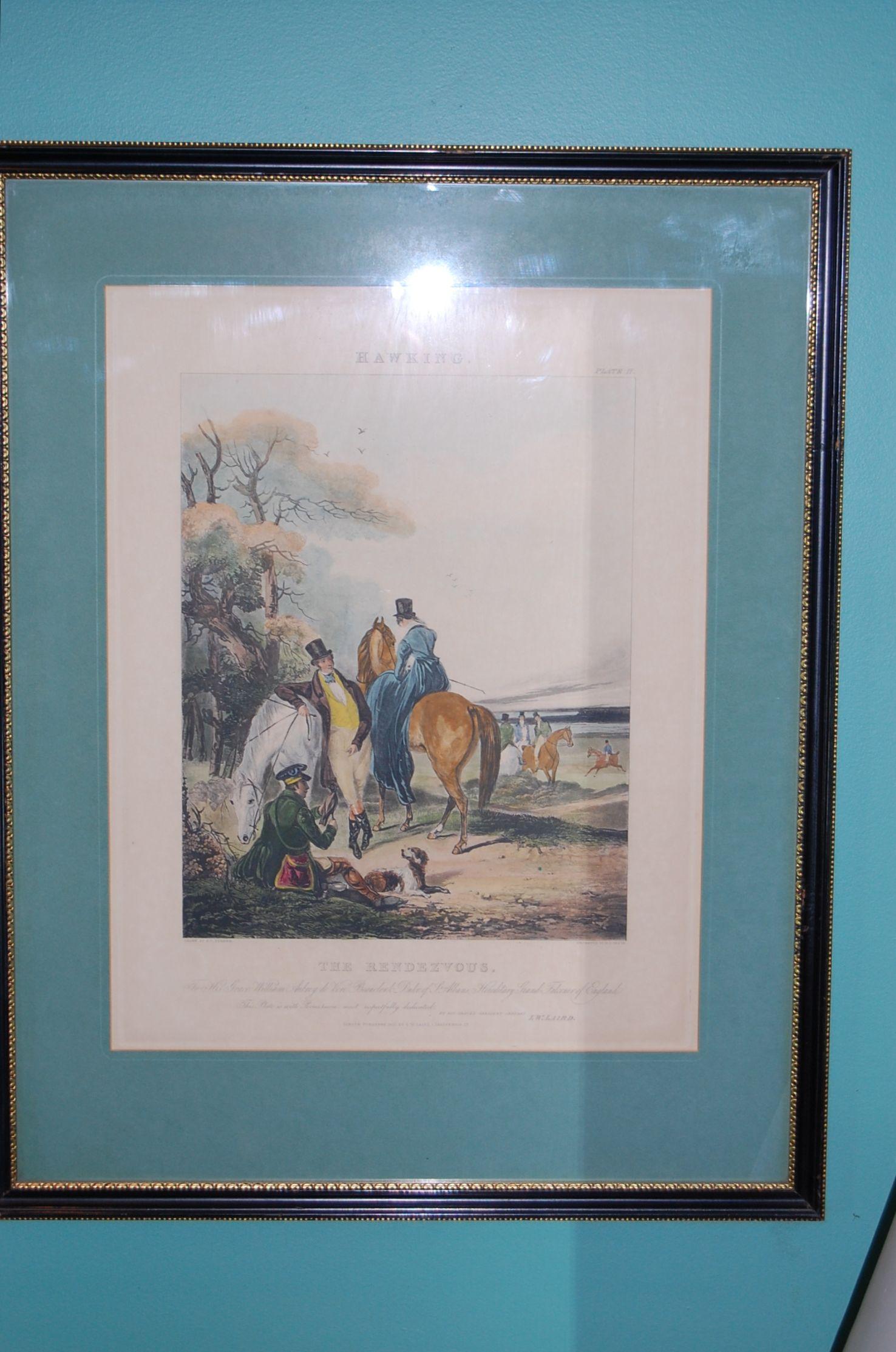 Hand-Painted Set of Four Framed and Matted English Hawking Prints, circa 1870