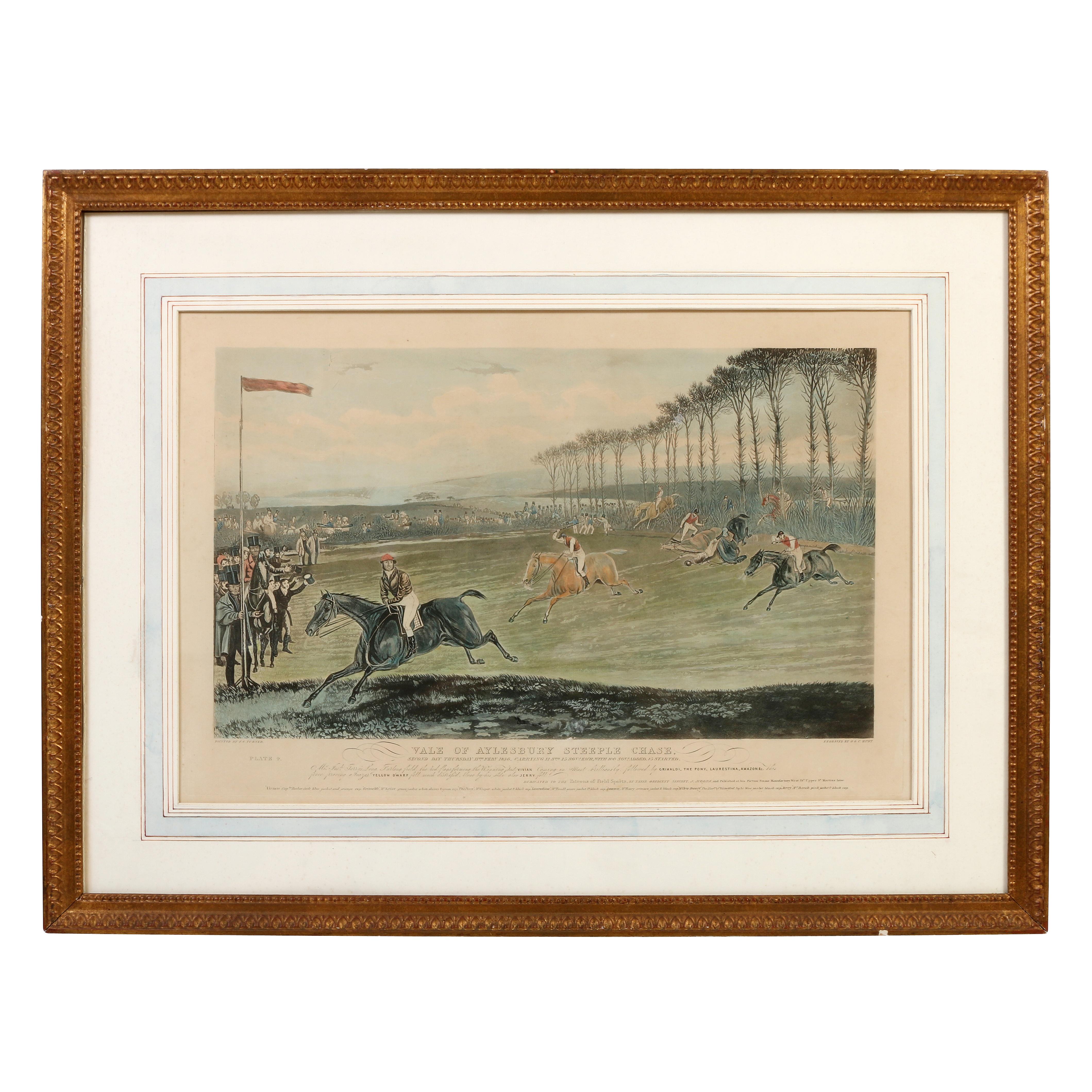 A set of four framed prints of steelpechase horseback riding scenes.