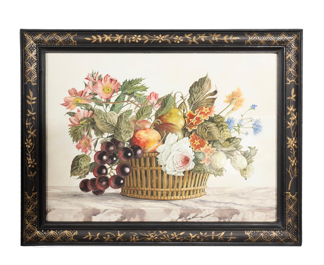 Set von vier gerahmten Aquarell-Stillleben mit Blumen und Obst in Körben im Angebot 3
