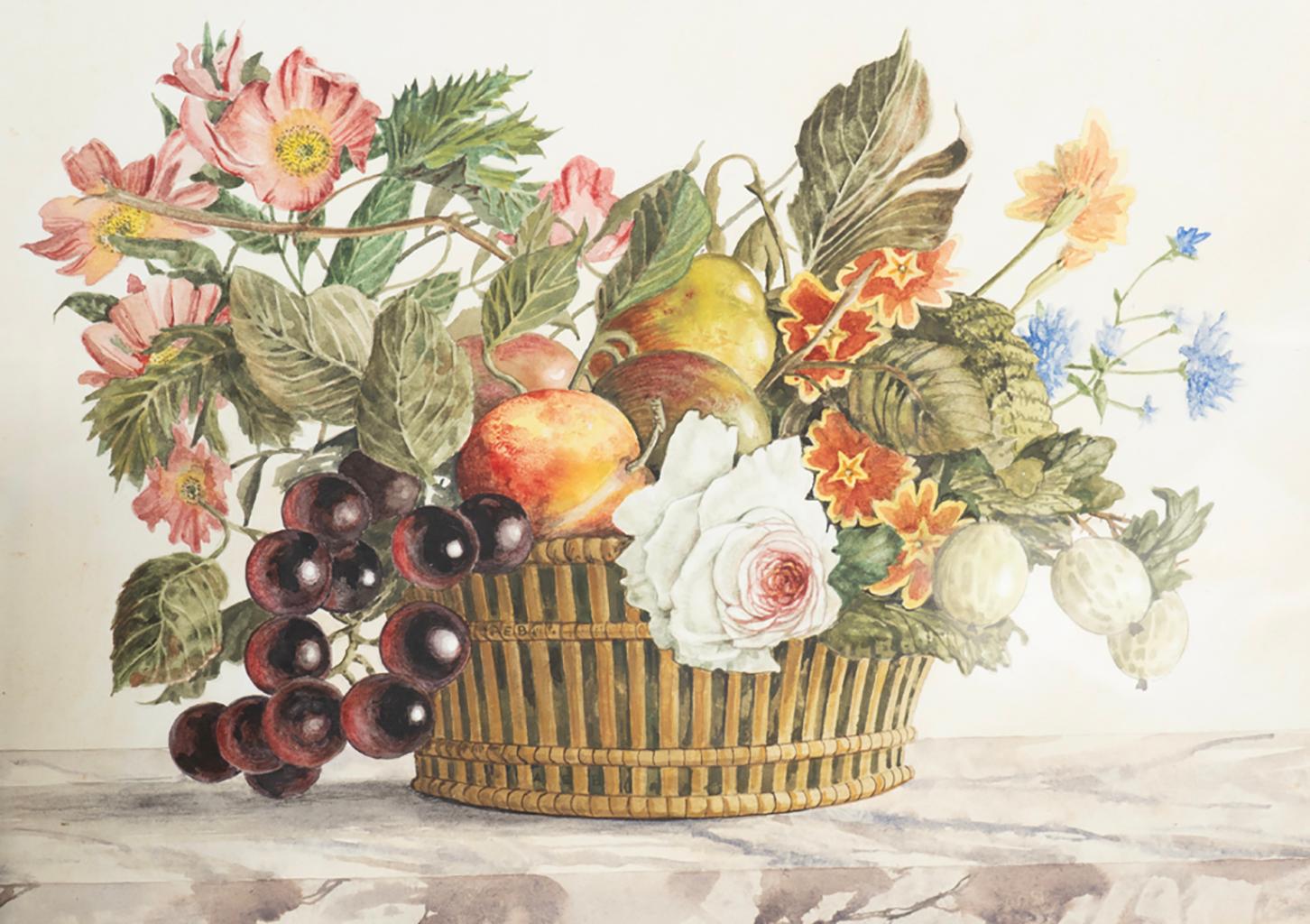 Set von vier gerahmten Aquarell-Stillleben mit Blumen und Obst in Körben im Angebot 4