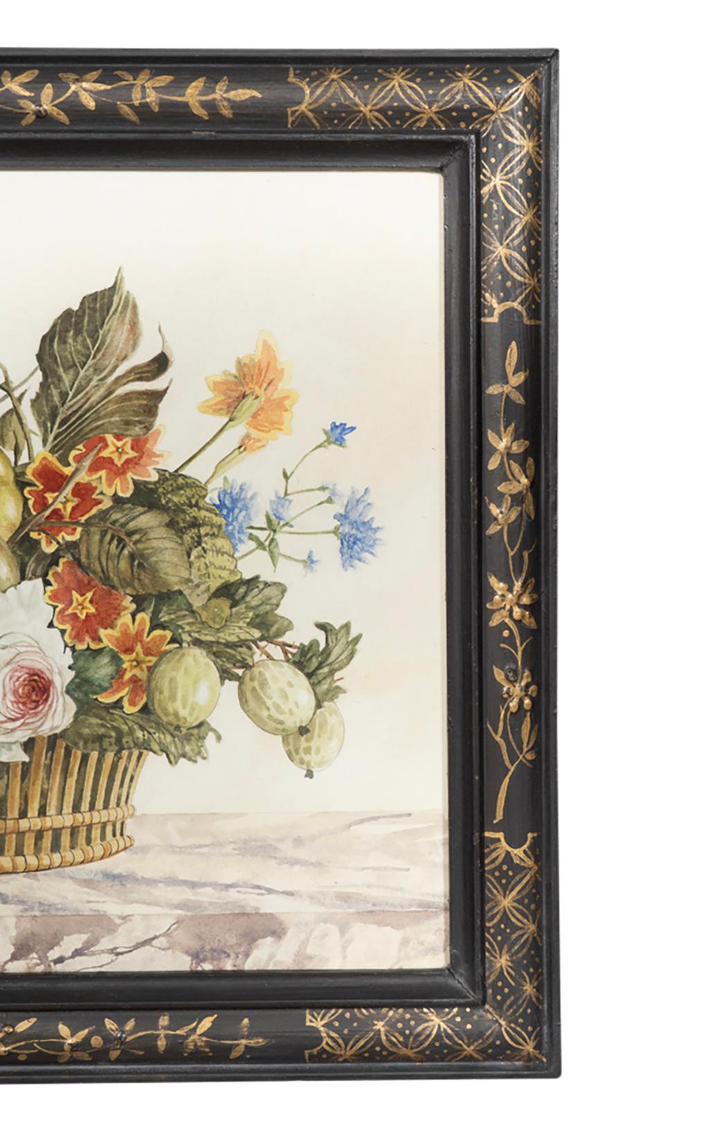 Set von vier gerahmten Aquarell-Stillleben mit Blumen und Obst in Körben im Angebot 5
