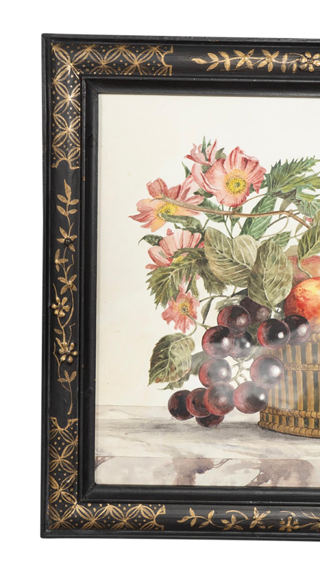 Set von vier gerahmten Aquarell-Stillleben mit Blumen und Obst in Körben im Angebot 6