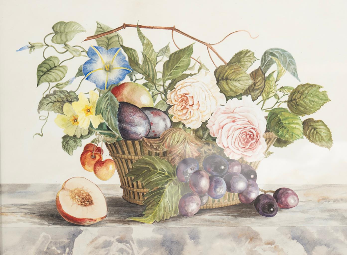 Set von vier gerahmten Aquarell-Stillleben mit Blumen und Obst in Körben (Europäisch) im Angebot