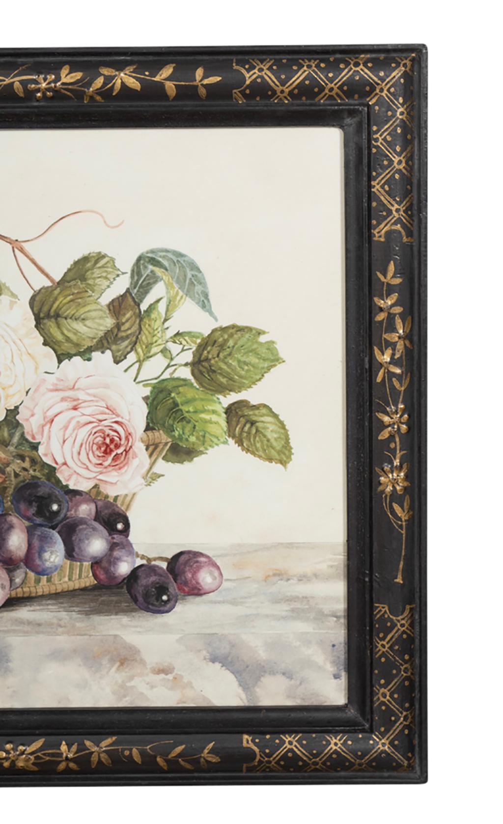 Set von vier gerahmten Aquarell-Stillleben mit Blumen und Obst in Körben (Ebonisiert) im Angebot