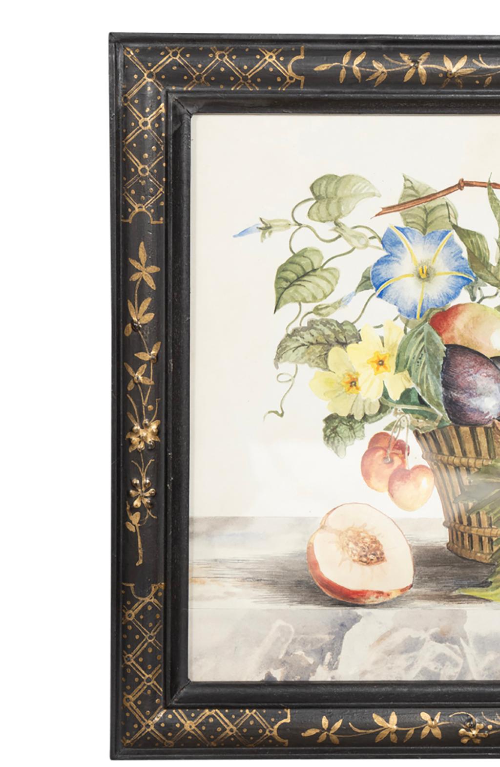 Set von vier gerahmten Aquarell-Stillleben mit Blumen und Obst in Körben im Zustand „Gut“ im Angebot in Essex, MA