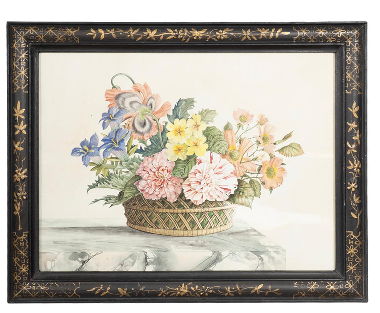 Set von vier gerahmten Aquarell-Stillleben mit Blumen und Obst in Körben (19. Jahrhundert) im Angebot