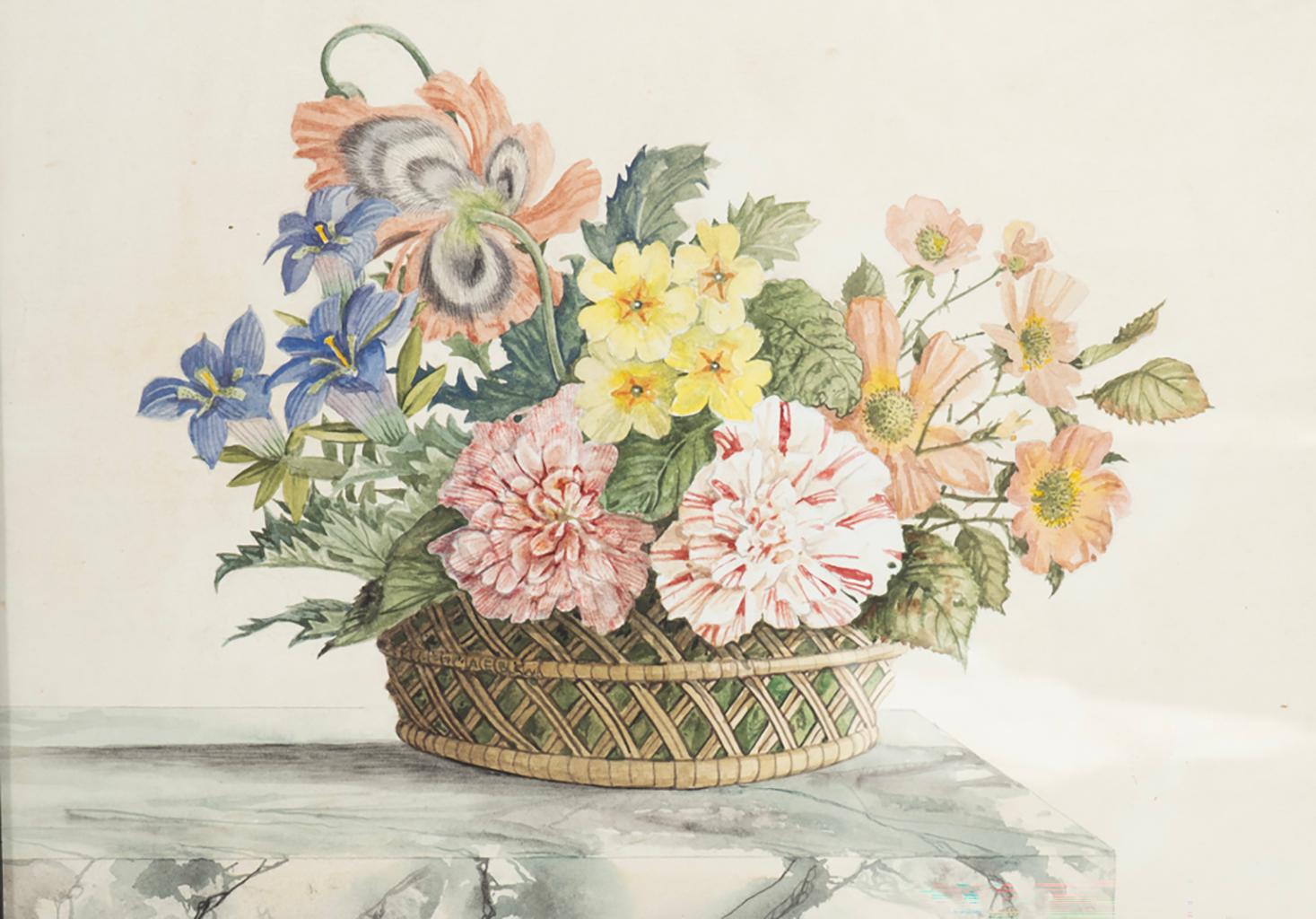 Set von vier gerahmten Aquarell-Stillleben mit Blumen und Obst in Körben (Glas) im Angebot