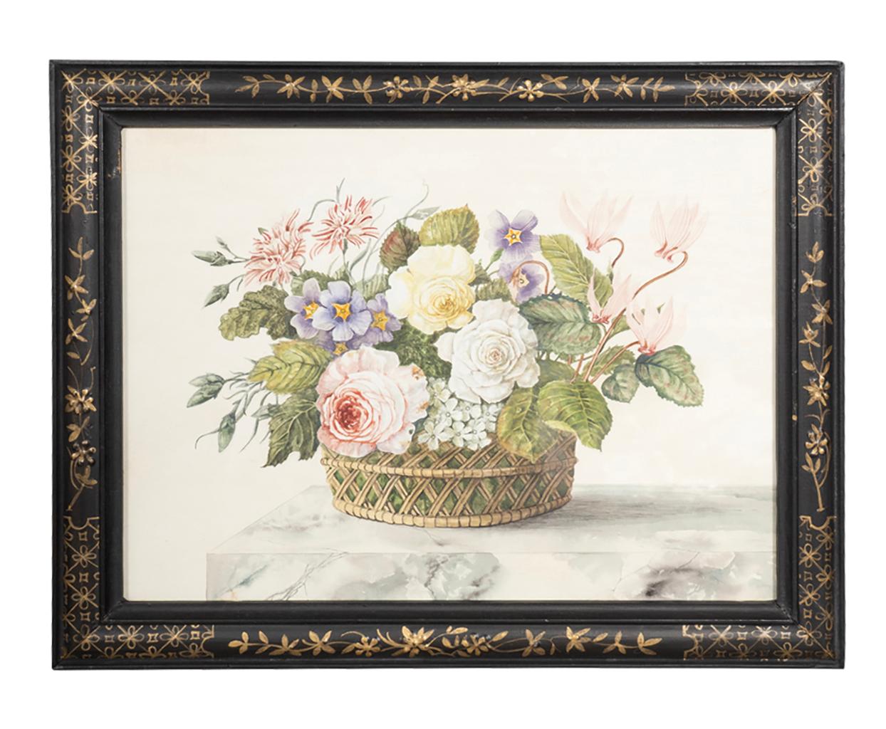 Set von vier gerahmten Aquarell-Stillleben mit Blumen und Obst in Körben im Angebot 1