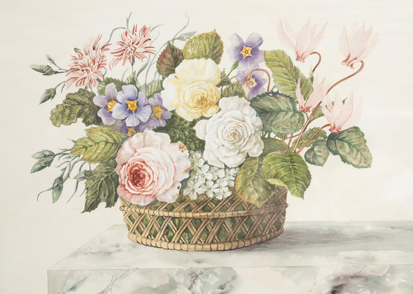 Set von vier gerahmten Aquarell-Stillleben mit Blumen und Obst in Körben im Angebot 2