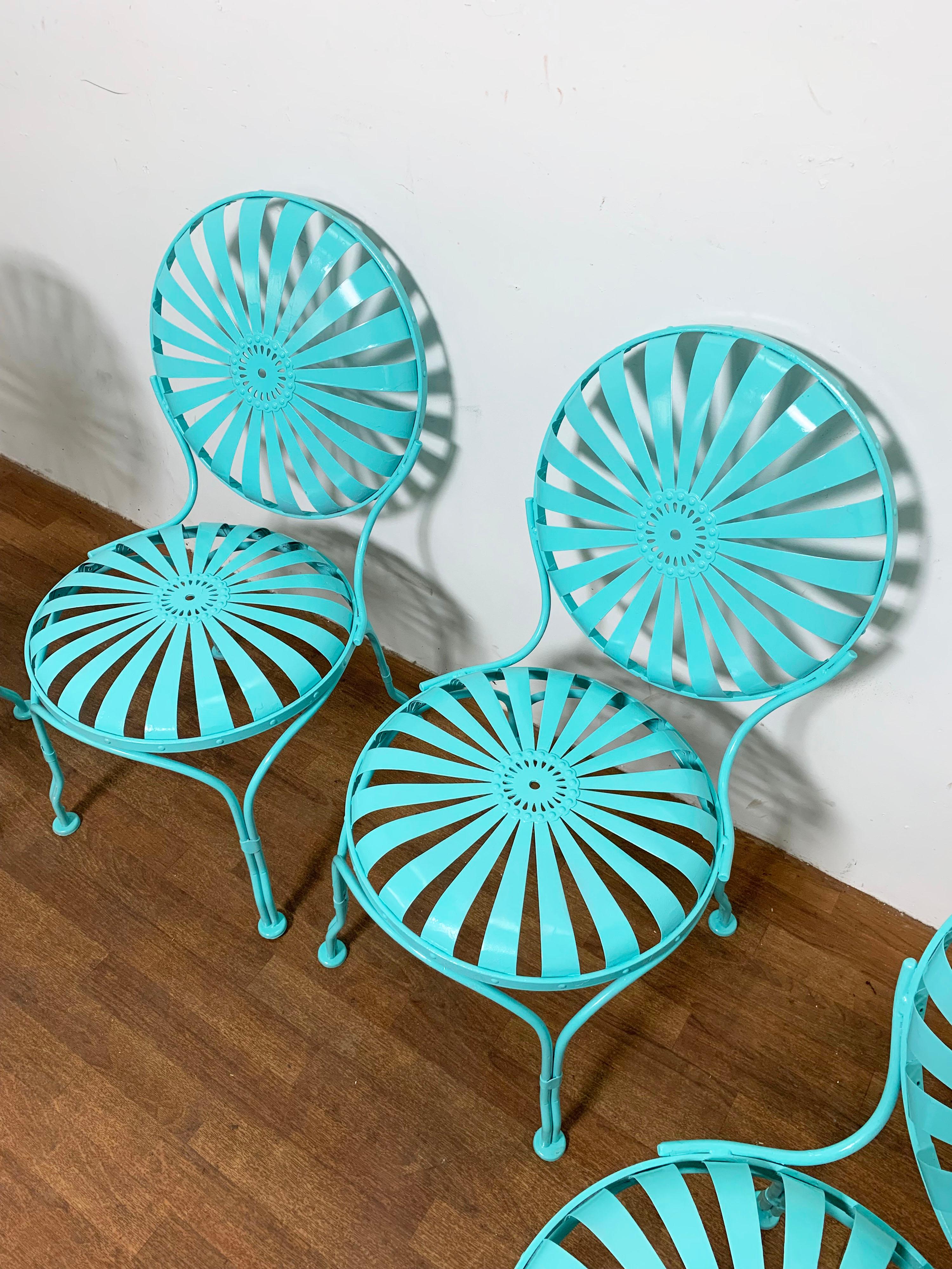 Art Deco Set of Four Francois Carre Sunburst Garden Patio Chairs Circa 1930s