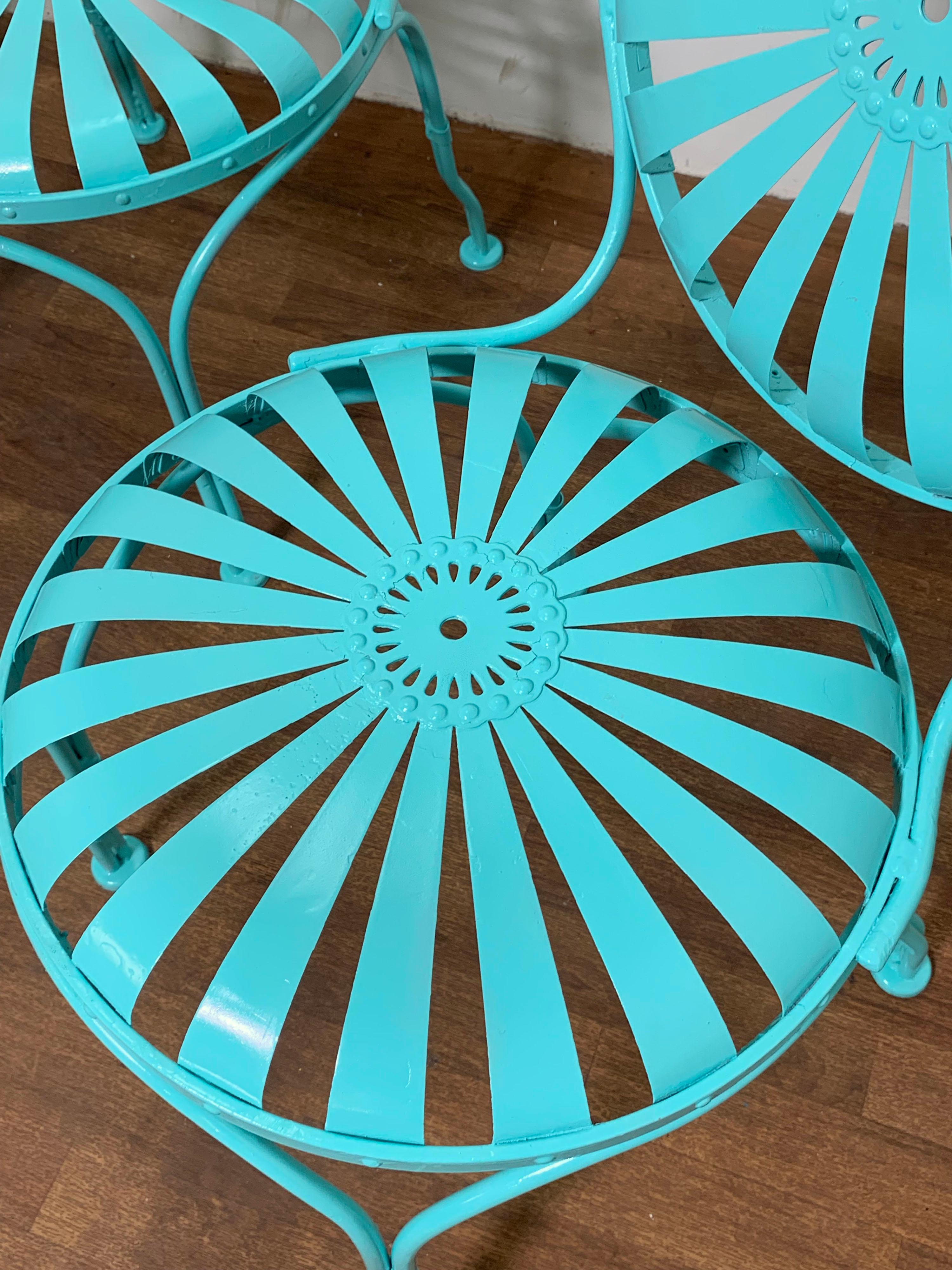 Set of Four Francois Carre Sunburst Garden Patio Chairs Circa 1930s In Good Condition In Peabody, MA