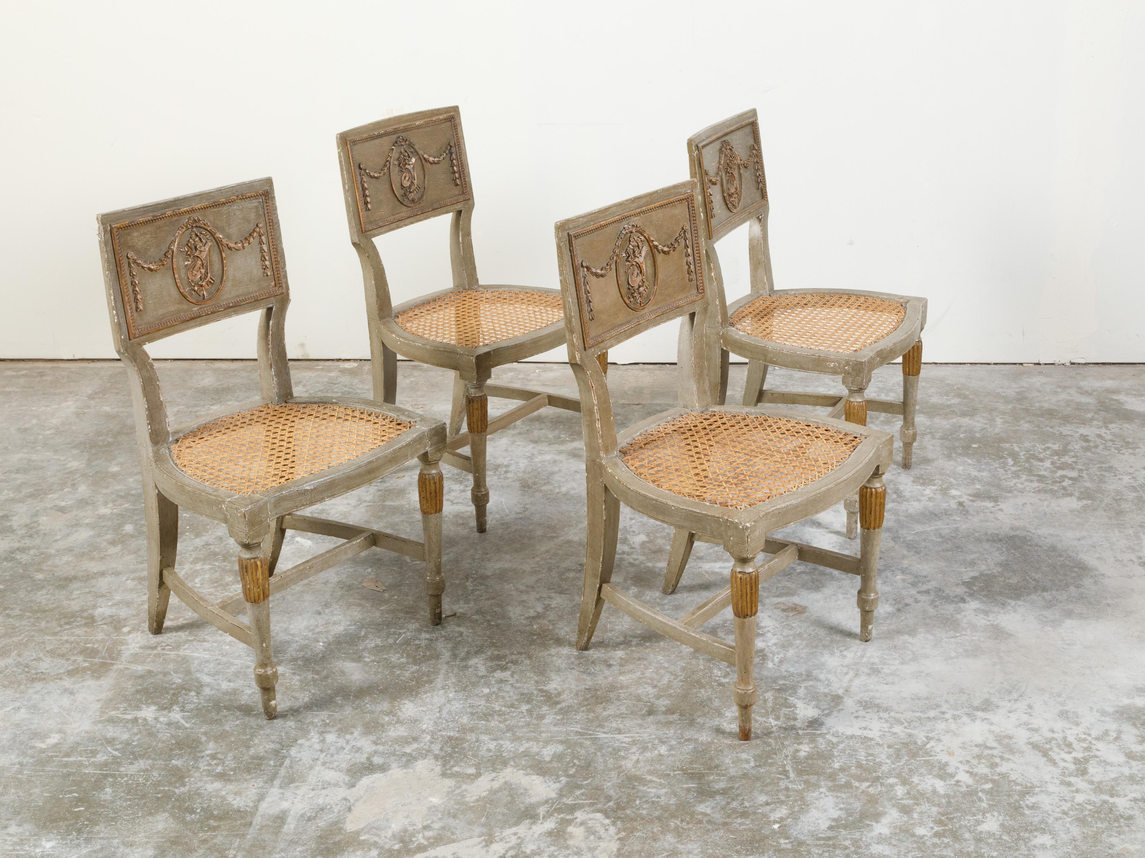 Cane Set of Four French 18th Century Painted Side Chairs with Liberal Arts Allegory For Sale