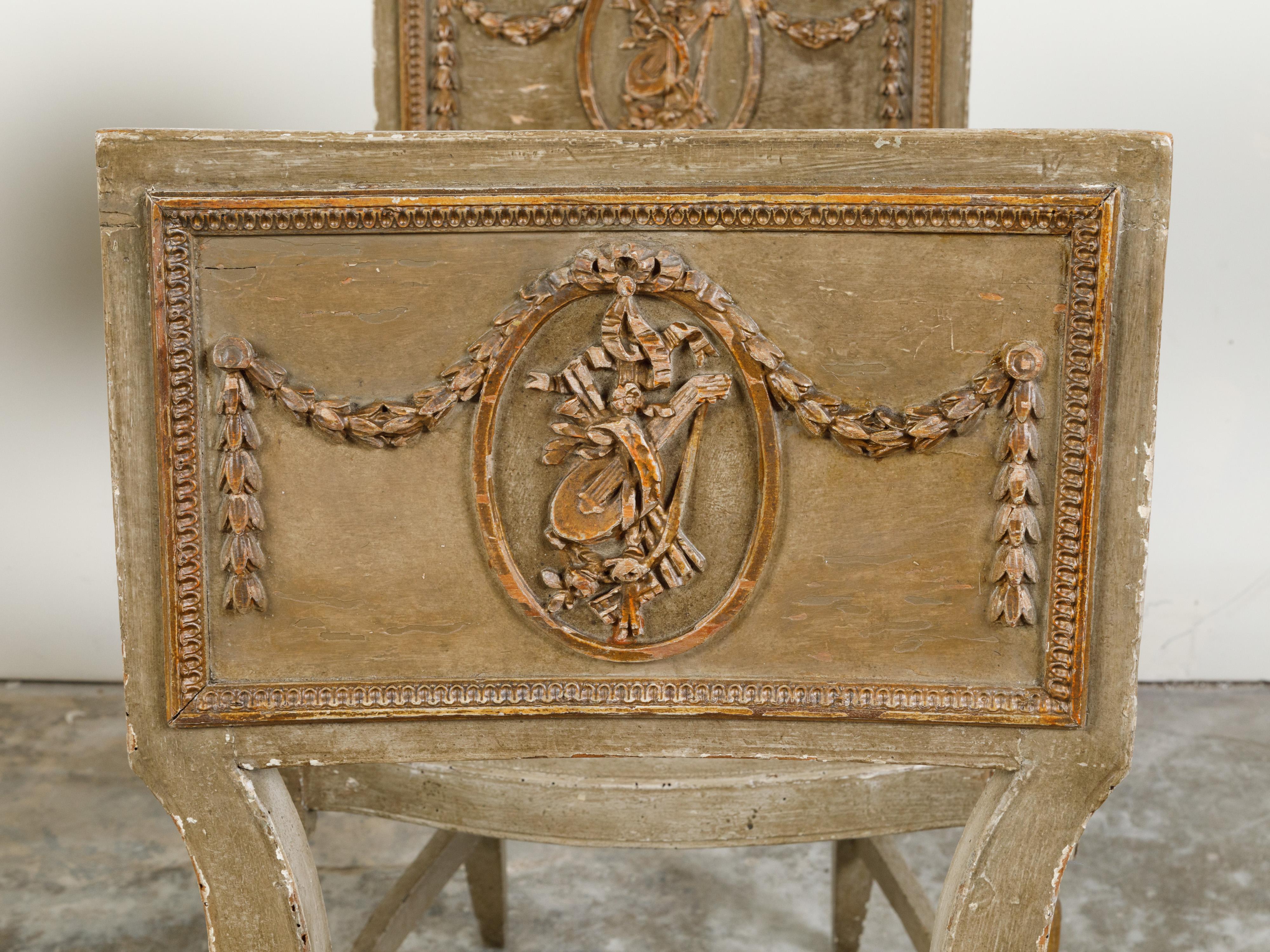 Set of Four French 18th Century Painted Side Chairs with Liberal Arts Allegory For Sale 2