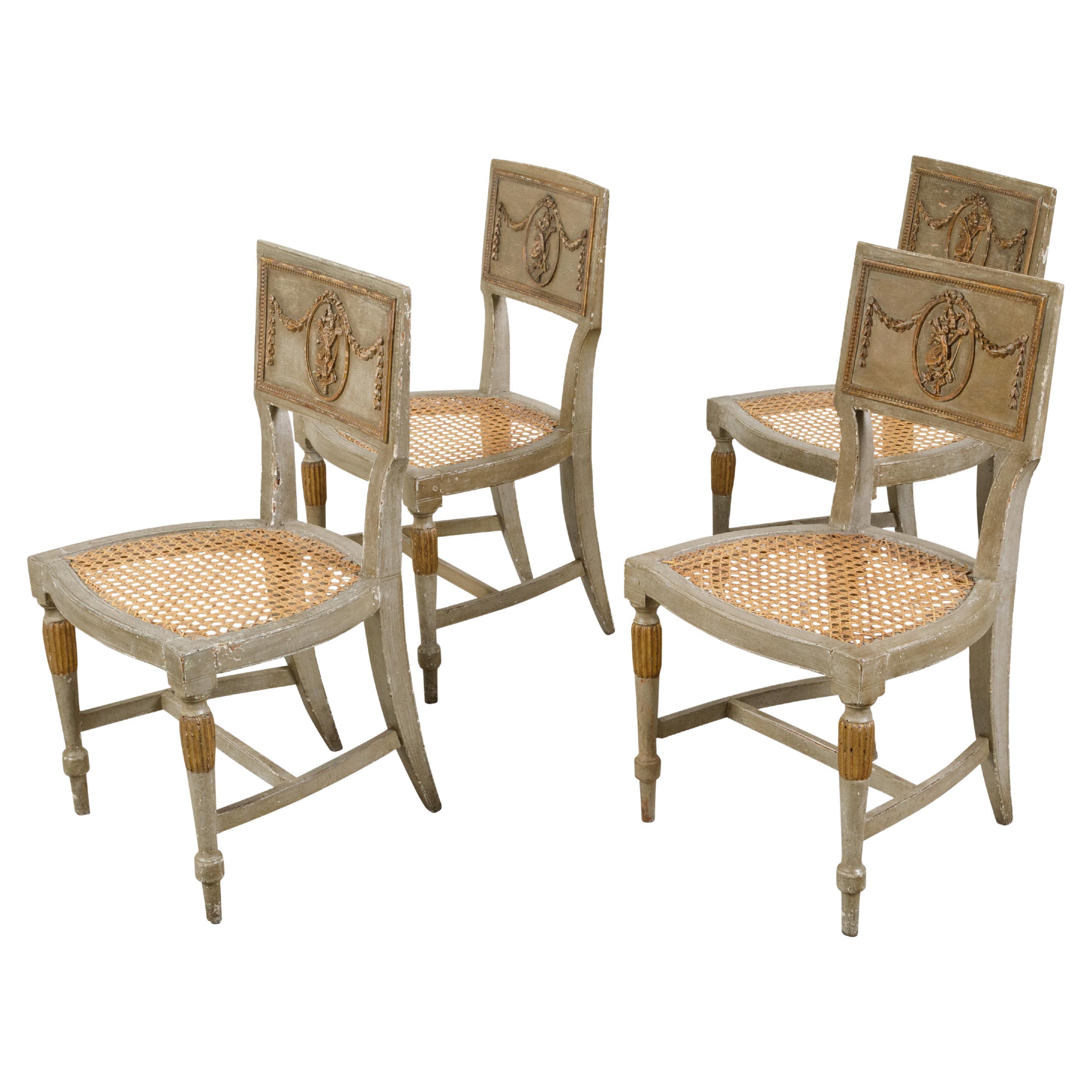 Set of Four French 18th Century Painted Side Chairs with Liberal Arts Allegory
