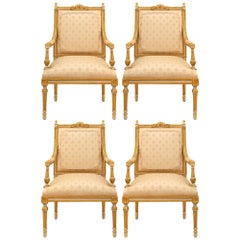 Set Of Four French 19th c. Napoleon III Period Patinated & Giltwood Armchairs