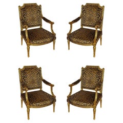 Set of Four French 19th Century Fateuil Armchairs with Cheetah Print