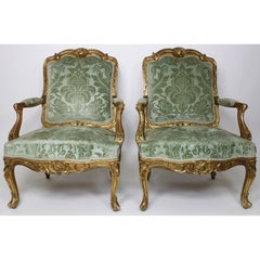 Set of Four French 19th Century Louis XV Rococo Style Gilt Wood Carved Armchairs