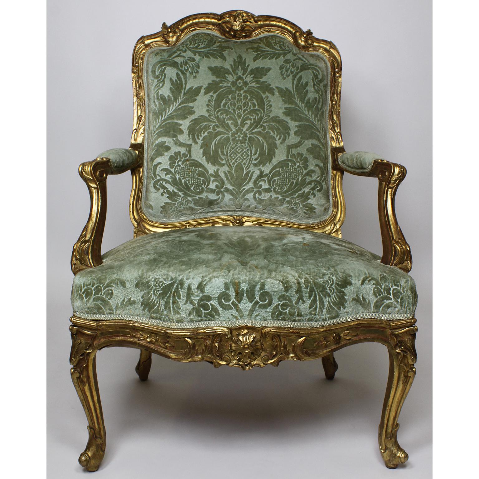 Set of Four French 19th Century Louis XV Rococo Style Gilt Wood Carved Armchairs In Fair Condition For Sale In Los Angeles, CA
