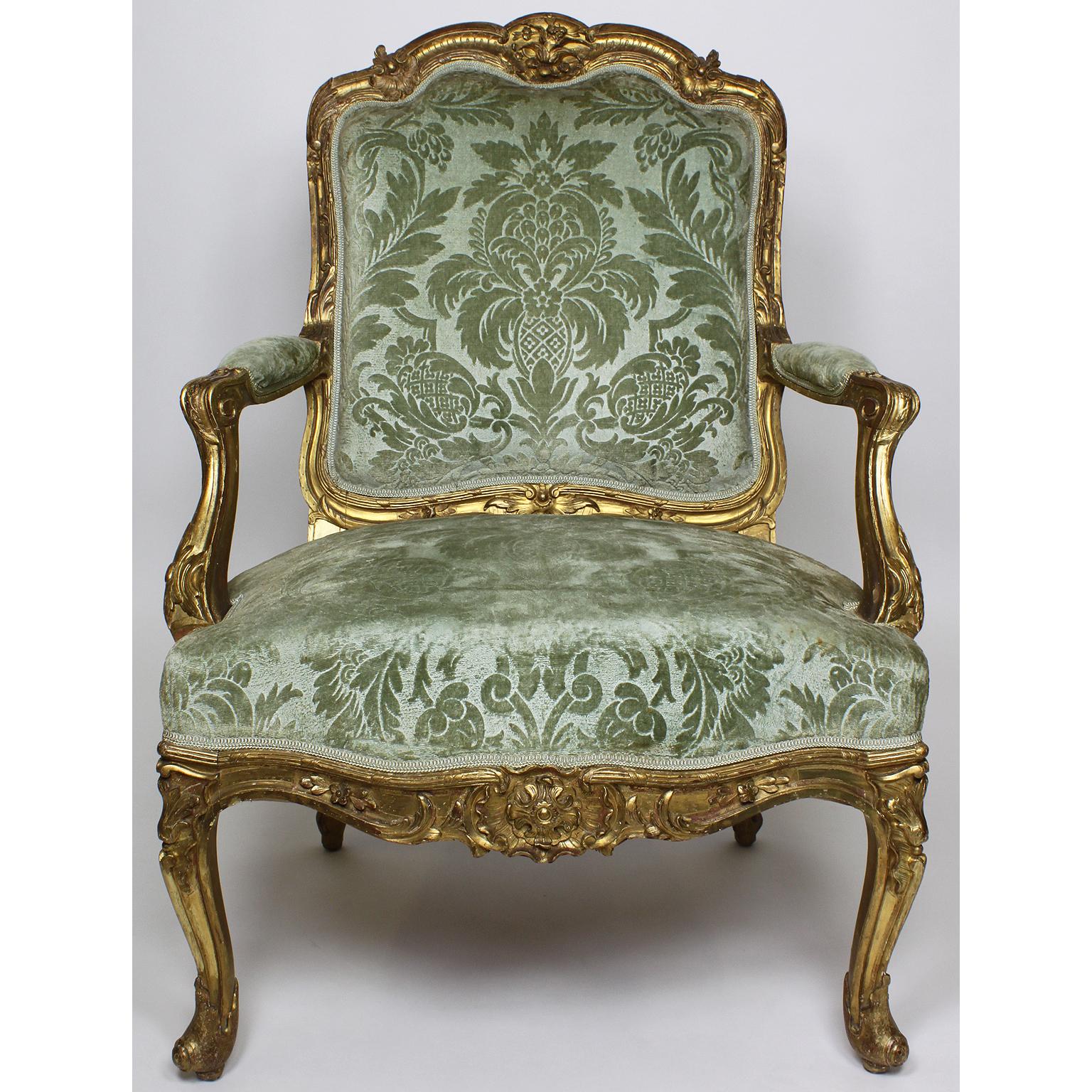 Fabric Set of Four French 19th Century Louis XV Rococo Style Gilt Wood Carved Armchairs For Sale
