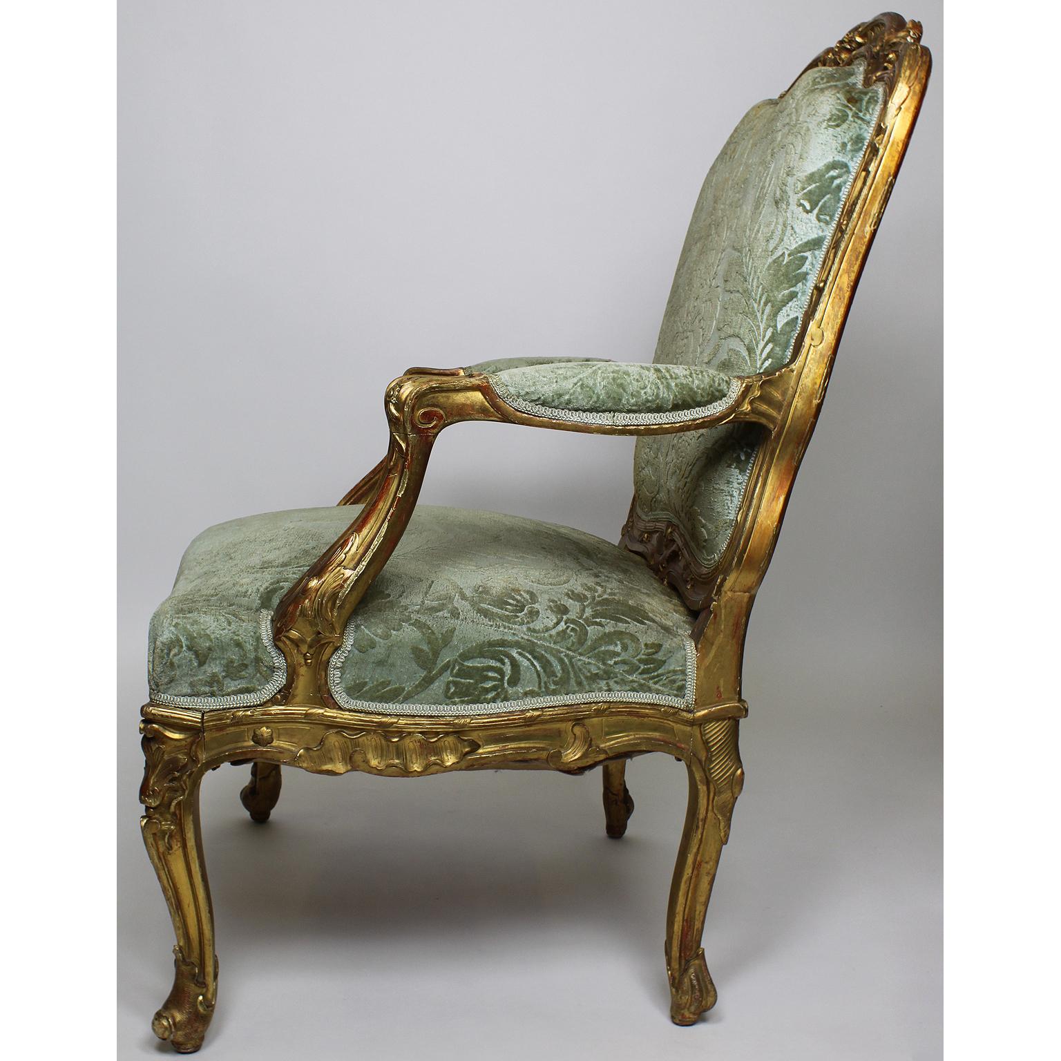 Set of Four French 19th Century Louis XV Rococo Style Gilt Wood Carved Armchairs For Sale 2