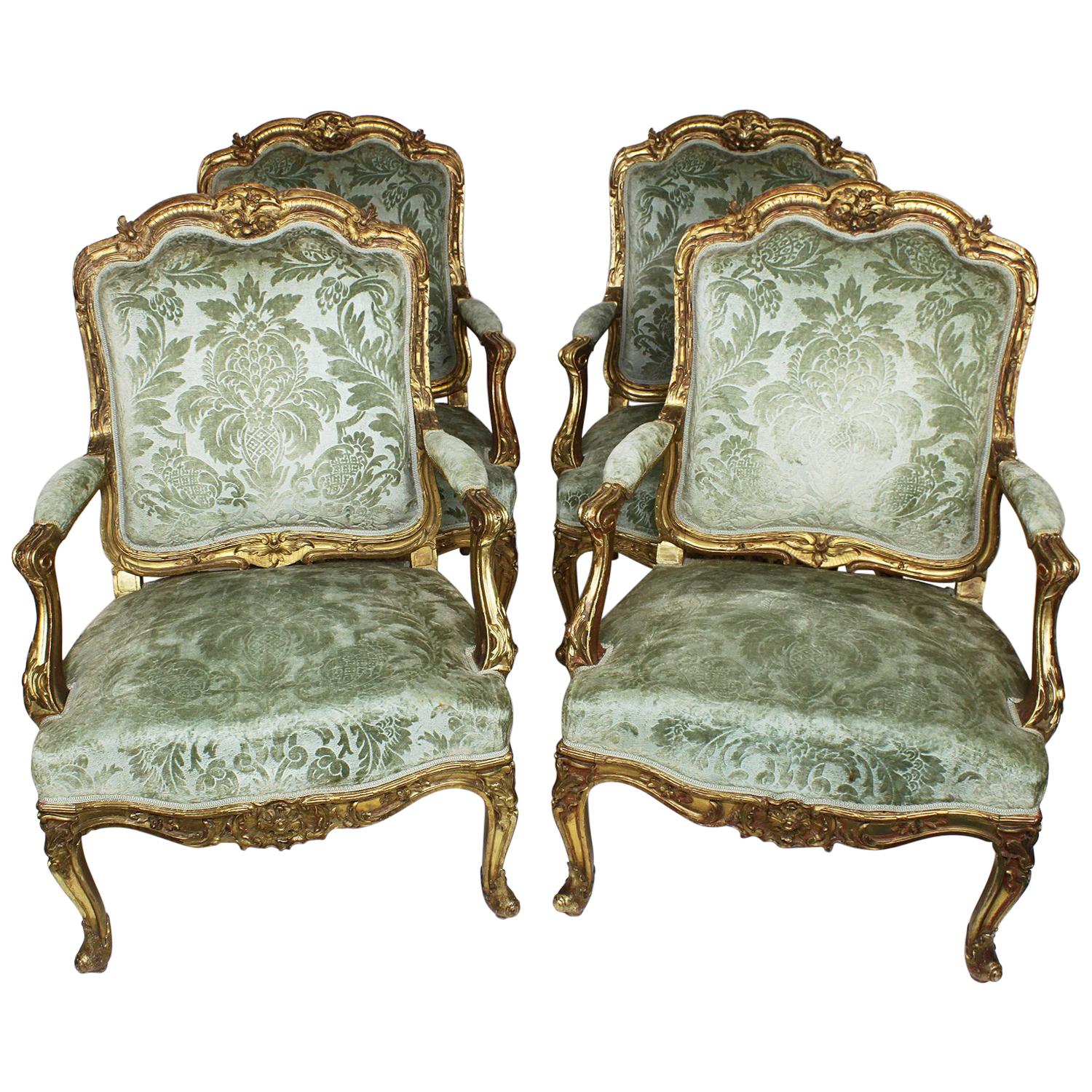 Set of Four French 19th Century Louis XV Rococo Style Gilt Wood Carved Armchairs
