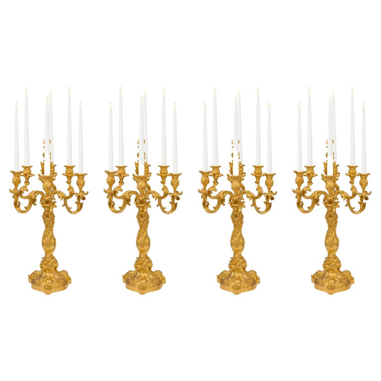 Set of Four French 19th Century Louis XV St. Ormolu Candelabras For Sale