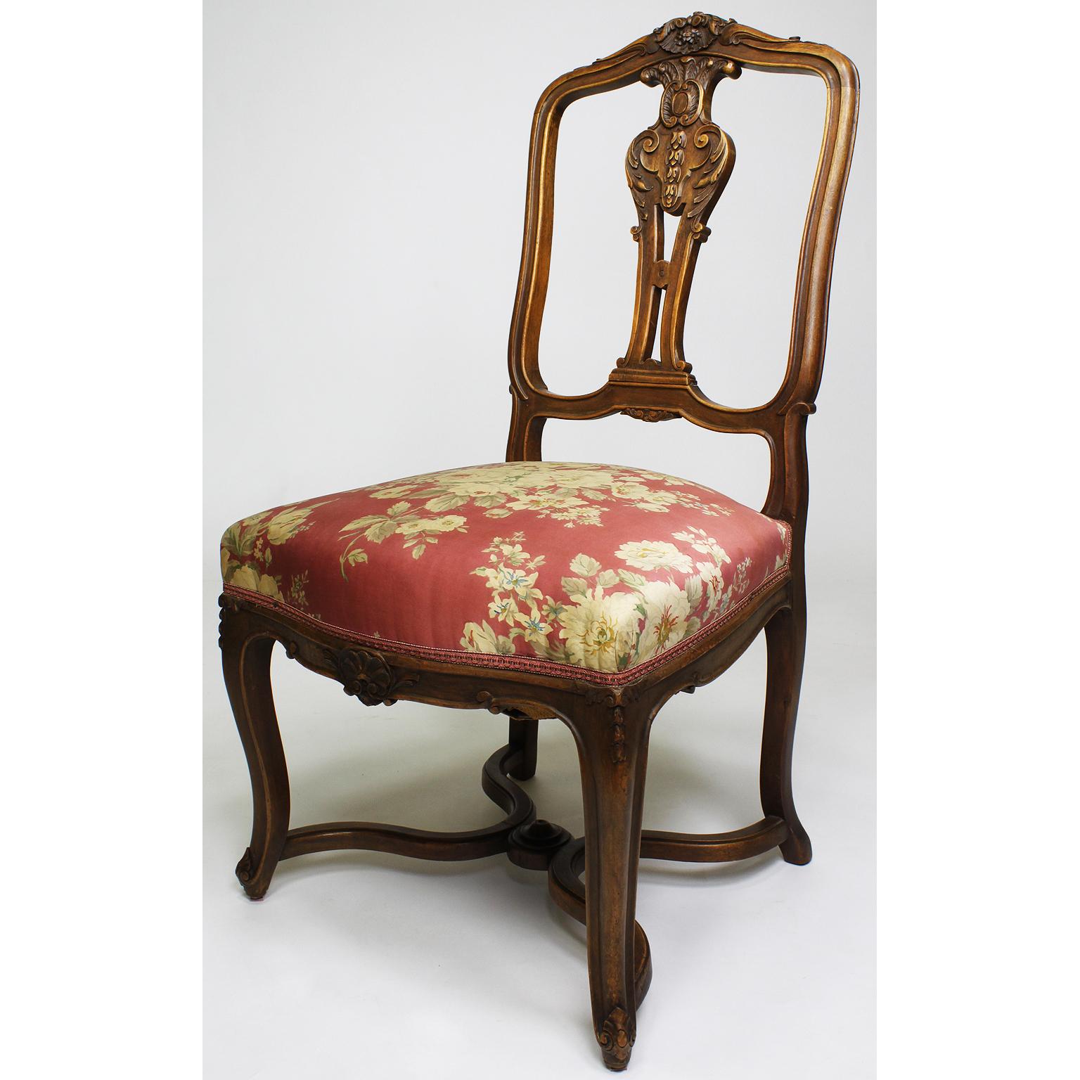 Set of Four French 19th Century Louis XV Style Carved Walnut Parlor Side Chairs In Fair Condition For Sale In Los Angeles, CA