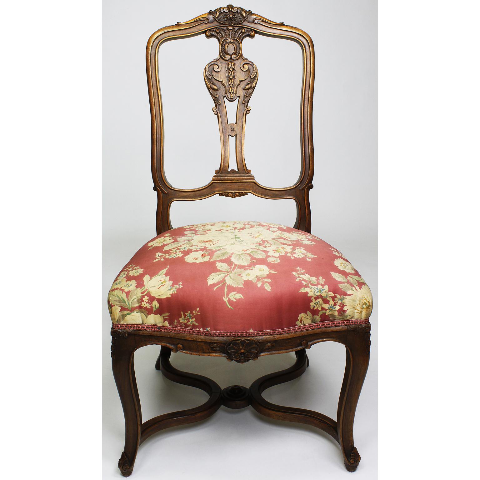 Silk Set of Four French 19th Century Louis XV Style Carved Walnut Parlor Side Chairs For Sale