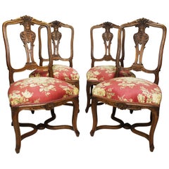 Antique Set of Four French 19th Century Louis XV Style Carved Walnut Parlor Side Chairs