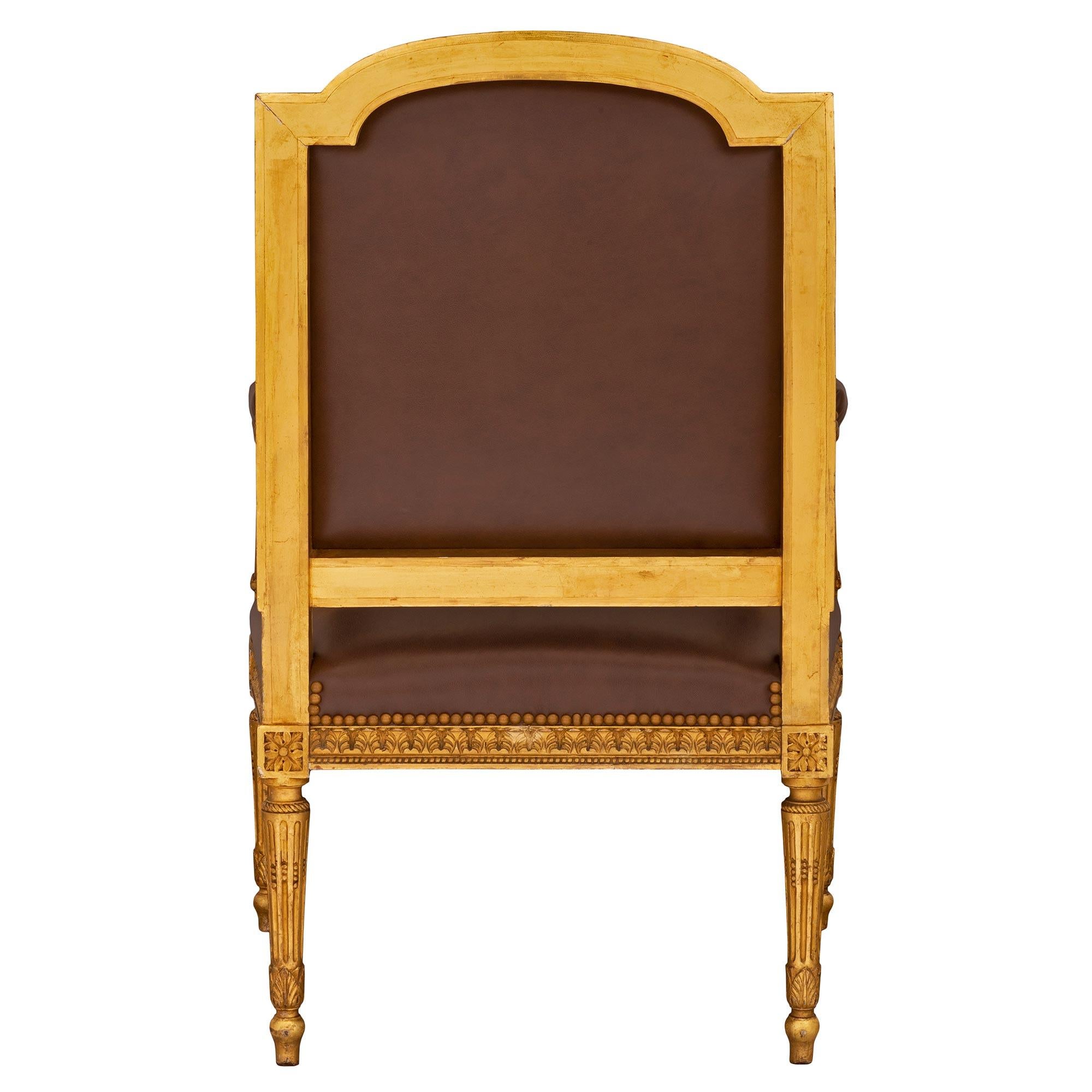 Leather Set of Four French 19th Century Louis XVI St. Giltwood Armchairs For Sale