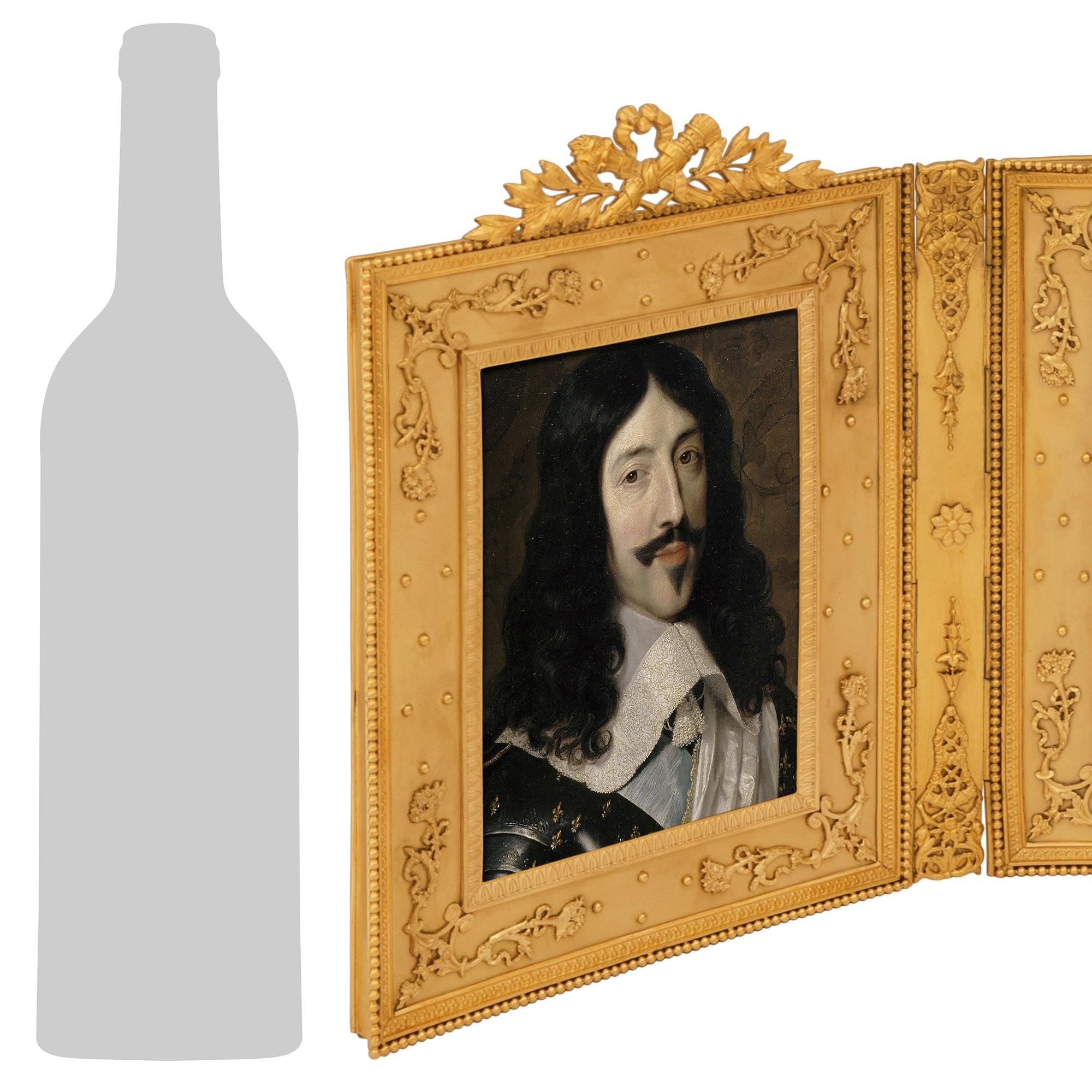 A high quality and most unique set of four French 19th century Louis XVI st. Ormolu picture frames. Each most stunning hinged picture frame is decorated with an inner Rais-de-Coeur border before a wider frame decorated with ribbon tied scrolling