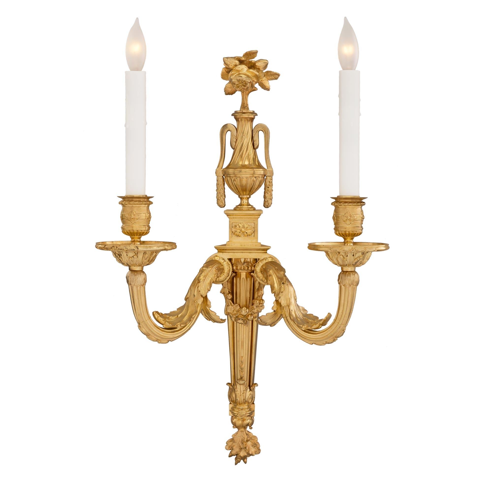 Set of Four French 19th Century Louis XVI St. Two Arm Ormolu Sconces In Good Condition In West Palm Beach, FL