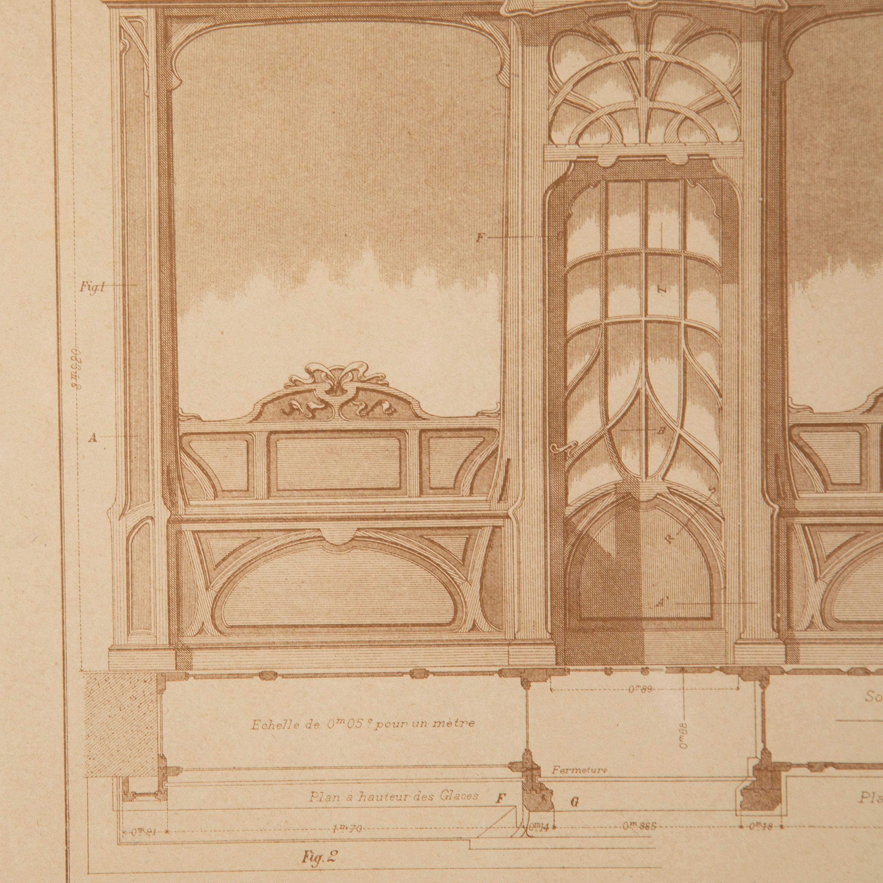 Fantastischer Satz von vier französischen Architekturstichen des späten 19. Jahrhunderts.

Bei diesen ungewöhnlichen und sehr dekorativen Stichen handelt es sich um architektonische Zeichnungen von Schaufenster-/Fassadenentwürfen. Sie sind von 