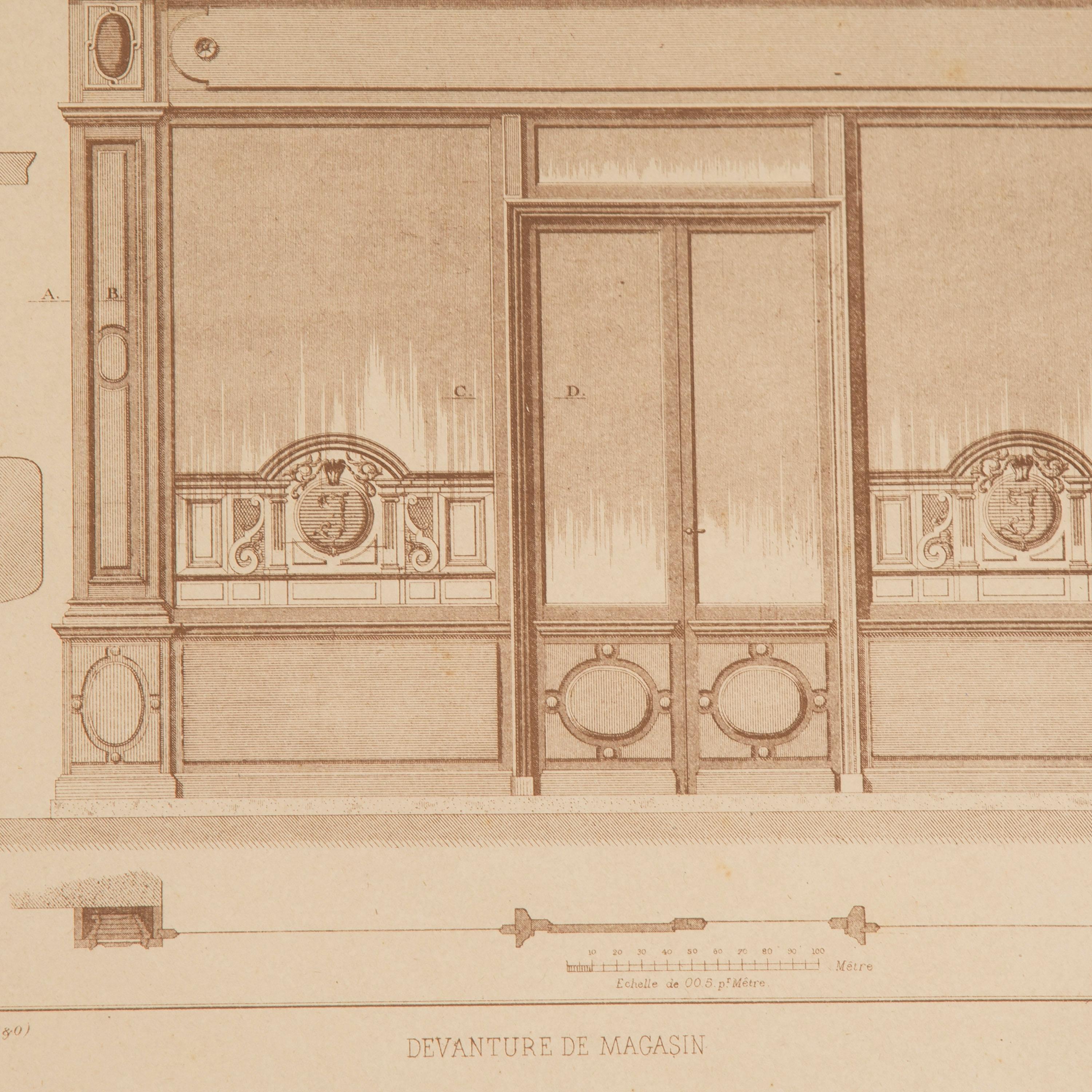 Set von vier französischen architektonischen Gravuren von Schaufenstern im Zustand „Gut“ im Angebot in Gloucestershire, GB