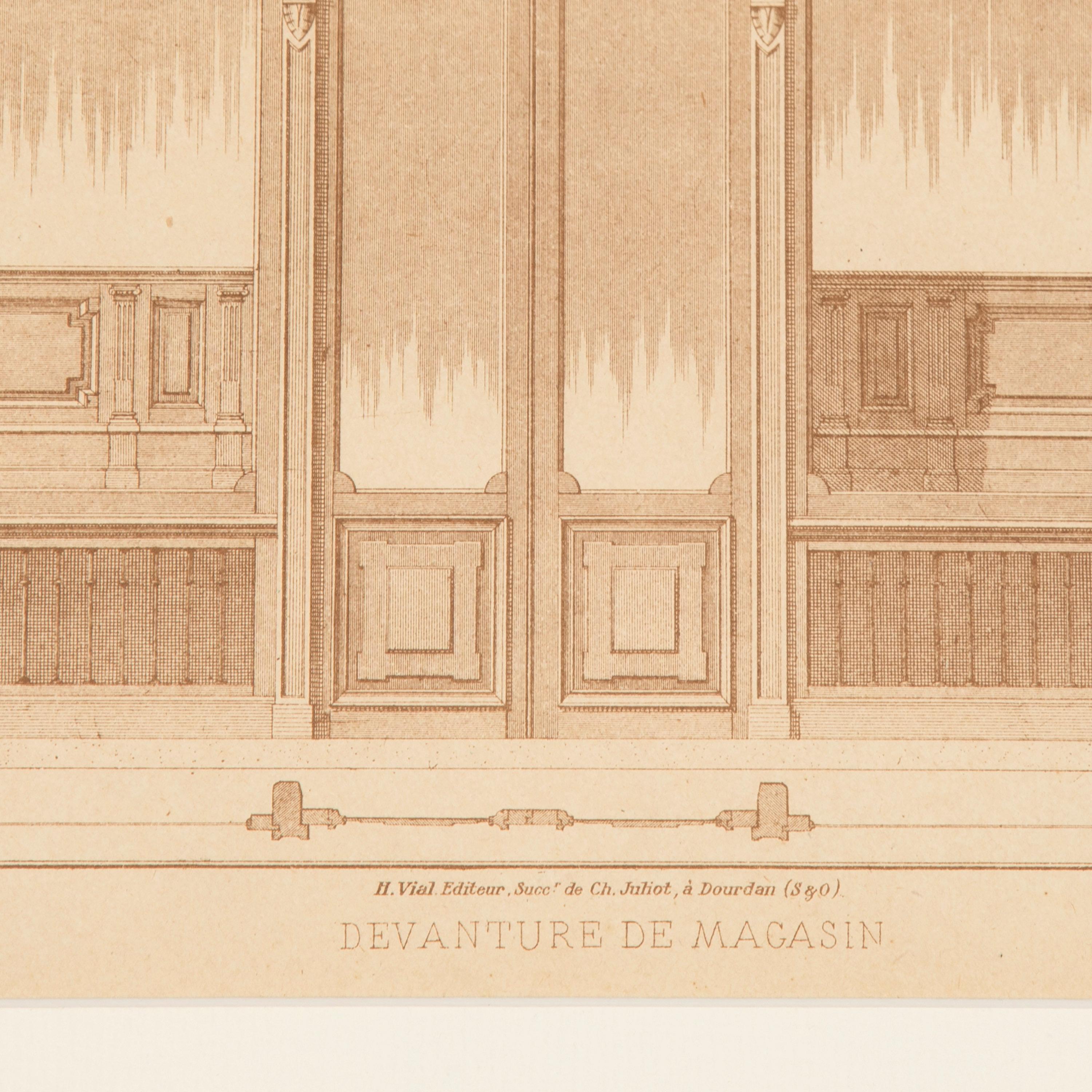 Set von vier französischen architektonischen Gravuren von Schaufenstern (19. Jahrhundert) im Angebot