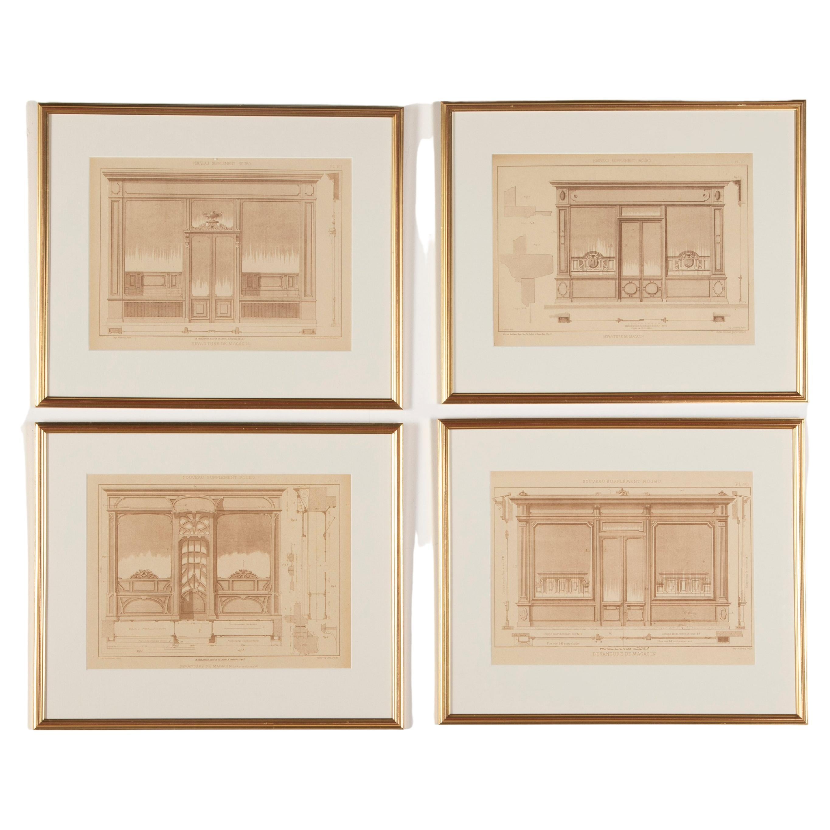 Set von vier französischen architektonischen Gravuren von Schaufenstern im Angebot