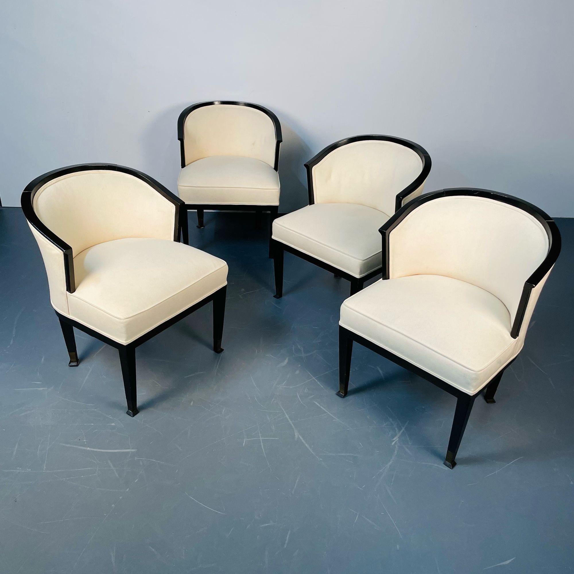 Set of Four French Art Deco Barrel Back Club Chairs / Bergeres, Ruhlman Style
 
Chic set of four Jacques Ruhlman style barrel back bergères. 
 
Fabric, Ebonized Wood, Gilt Metal
France, 1940s.